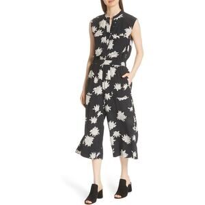 VINCE Chrysanthemum Black & White Print Floral 100% Silk Jumpsuit Size Large
